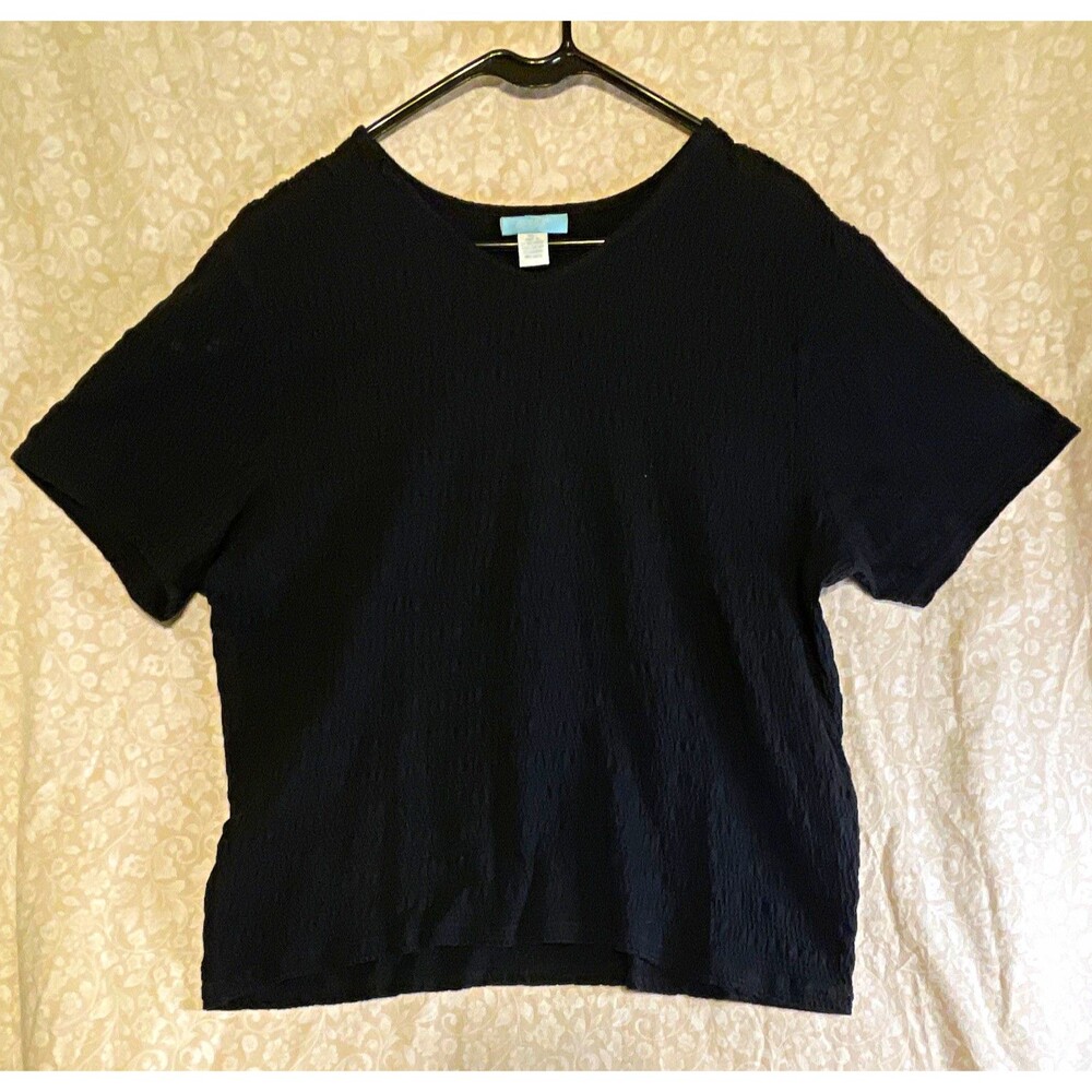Jennifer Moore Black Textured Knit V-Neck Stretch Short Sleeve Blouse Womens XL